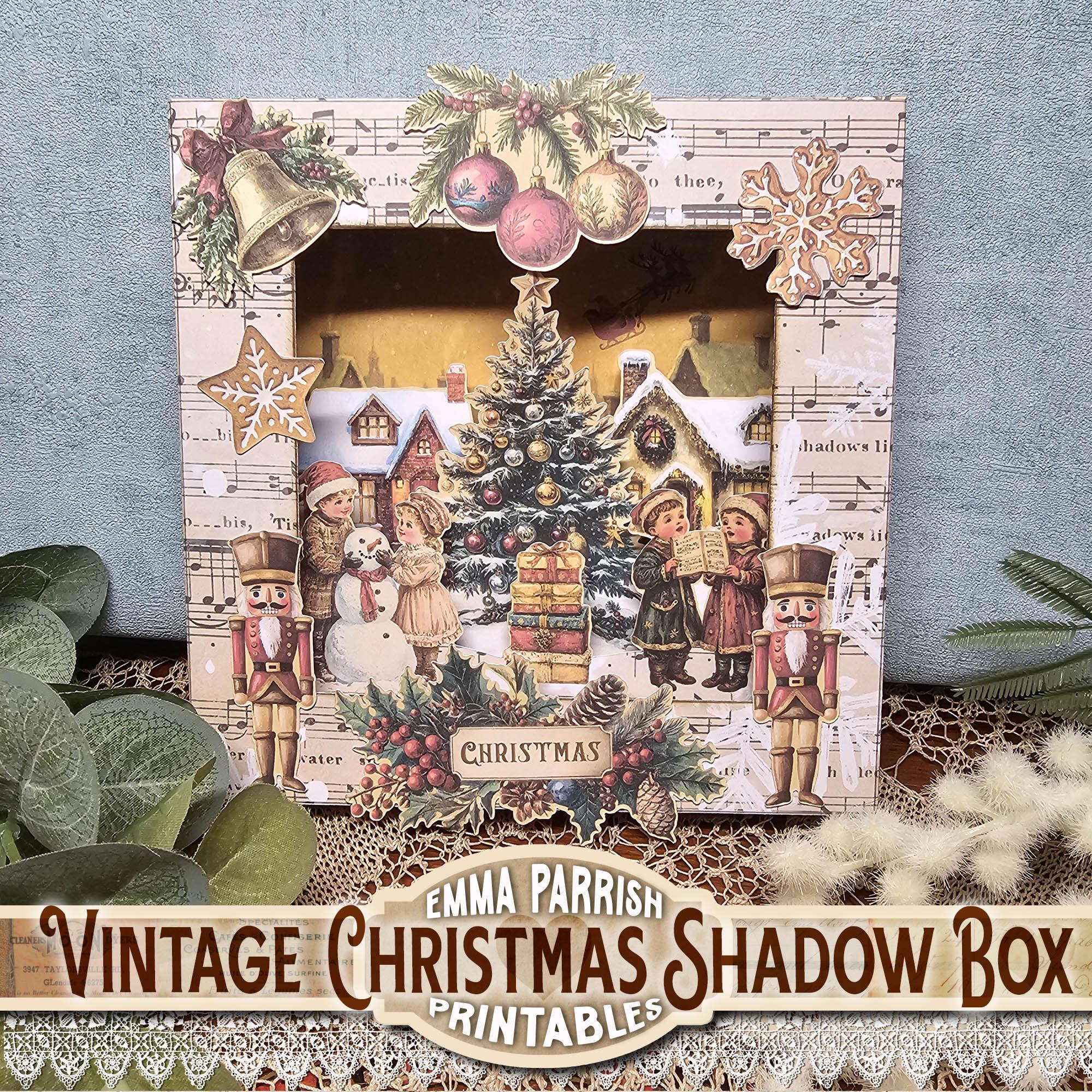 Vintage Christmas Shadow Box - Printable Papercraft Kit, Fold Flat…