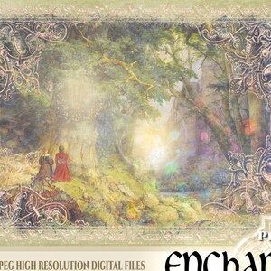 May include: A digital illustration of a forest scene with two figures in the foreground. The figures are wearing medieval clothing and are standing in front of a large tree. The background is a lush forest with a path leading to a distant castle. The image is framed with a decorative border.