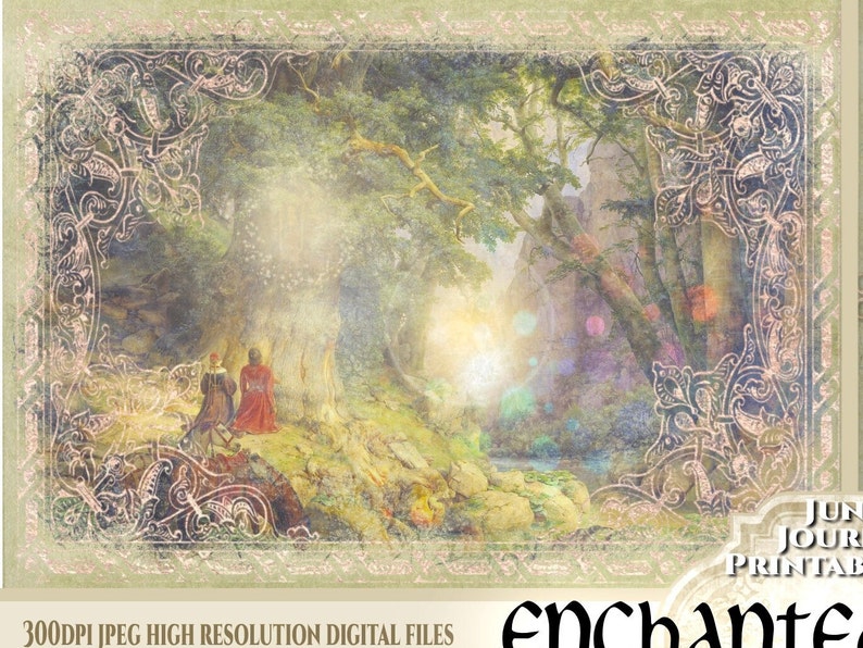 May include: A digital illustration of a forest scene with two figures in the foreground. The figures are wearing medieval clothing and are standing in front of a large tree. The background is a lush forest with a path leading to a distant castle. The image is framed with a decorative border.