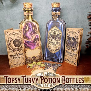 May include: Two flat, bottle-shaped paper cutouts with cork stoppers, one featuring a purple nebula design and the other labeled Midnight Moth Tonic. Two matching folded cards labeled Harvest Moon Cordial and Midnight Moth Tonic, plus two small die-cut paper figures.