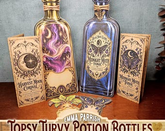 May include: Two decorative bottle-shaped paper cutouts with cork stoppers, one featuring a purple nebula and the other a blue moth label reading Midnight Moth Tonic. Two matching rectangular cards labeled Harvest Moon Cordial and Midnight Moth Tonic.
