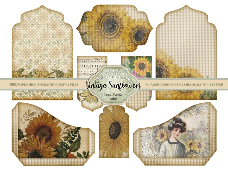Junk Journal Vintage Sunflowers Digital Kit, Gingham Ephemera Scrapbook ...