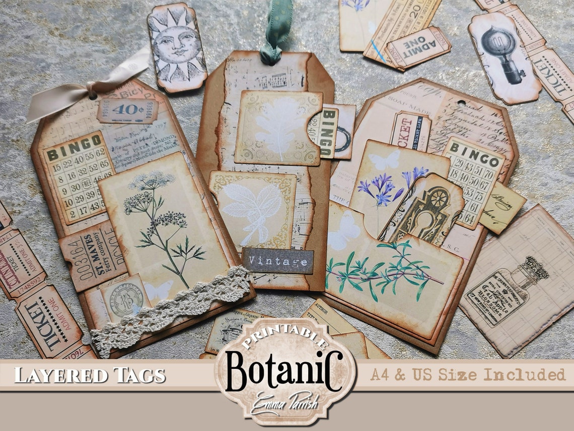 Botanical Junk Journal Kit, Botanic Layered Tags, Vintage Herbal Junk ...
