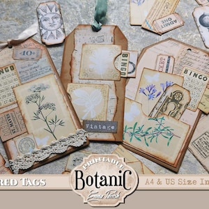 Botanical Junk Journal Kit, Botanic Layered Tags, Vintage Herbal Junk Journaling Digitals, Printable Tags Set, Junk Journaling Tags Pack