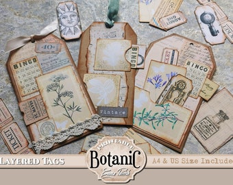 Zestaw do dziennika „Botanical Junk Journal”, botaniczne tagi warstwowe, cyfrowe, vintage'owe, ziołowe tagi do dziennika, zestaw tagów do druku, pakiet tagów do dziennika „Junk Journal”