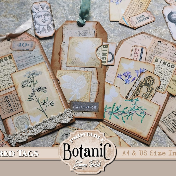 Botanical Junk Journal Kit, Botanic Layered Tags, Vintage Herbal Junk Journaling Digitals, Printable Tags Set, Junk Journaling Tags Pack