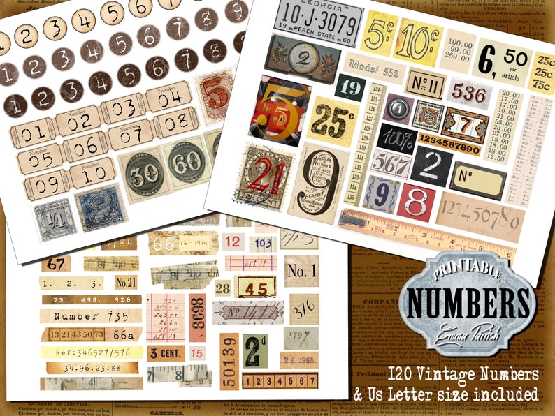 May include: A printable sheet of vintage numbers and letters in various fonts and styles. The numbers are in black, red, brown, and white. The letters are in black and white. The sheet is on a brown background with a newspaper texture. The sheet is labelled "Printable Numbers" and "120 Vintage Numbers & US Letter size included".