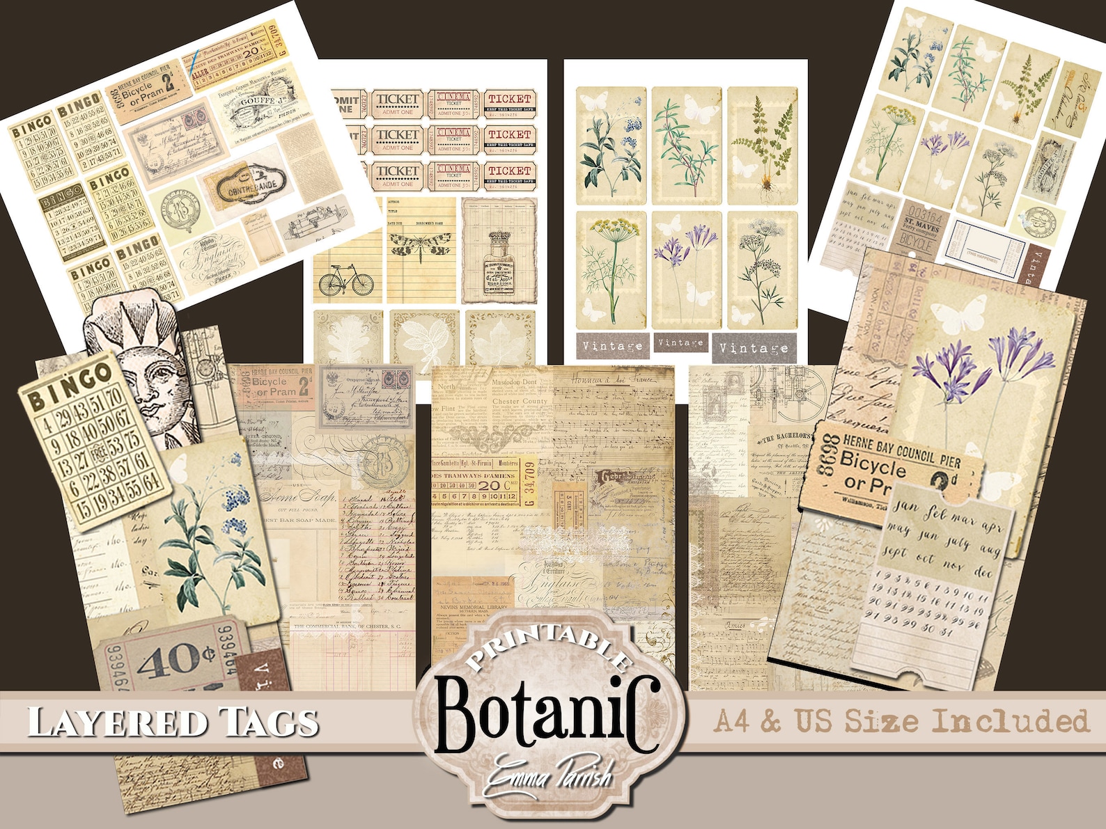 Botanical Junk Journal Kit, Botanic Layered Tags, Vintage Herbal Junk ...