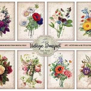 ACEO ATC Vintage Blumenstrauß Kartenherstellung Tags Verzierungen, Junk Journal Art Sammelkarten Digitale Ephemera, Printable Sofortiger Download