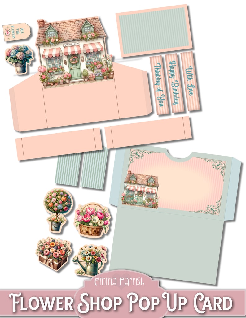 Pop Up Card Making Bundle, Cricut PNG, Cake Shop, Flower Shop & Greenhouse Box Card Printable, Happy Mail, Papercraft, Junk Journal Insert zdjęcie 5