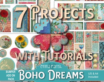 Boho Printable Journal Kit, 7 Projects with Tutorials, Vintage, retro, hippie, Ephemera, Scrapbook, Collage, junk journaling Supplies