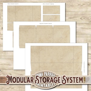 May include: Printable templates for a modular storage system. The templates include a long drawer sleeve, a square drawer sleeve, a mini drawer sleeve, and a mini drawer edging.