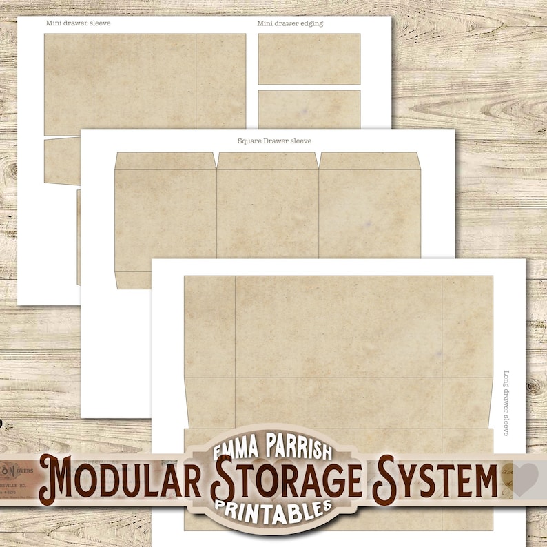 May include: Printable templates for a modular storage system. The templates include a long drawer sleeve, a square drawer sleeve, a mini drawer sleeve, and a mini drawer edging.