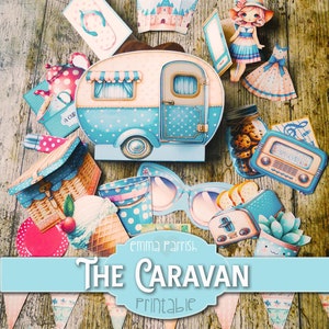 Cute Caravan Printable Junk Journal Folio, 10 Interactive Papercraft Projects, Shabby Vintage Wallet, Beach, Summer Holiday Cardmaking