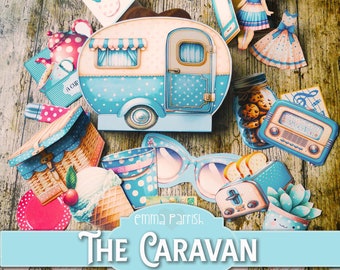 Cute Caravan Printable Junk Journal Folio, 10 Interactive Papercraft Projects, Shabby Vintage Wallet, Beach, Summer Holiday Cardmaking