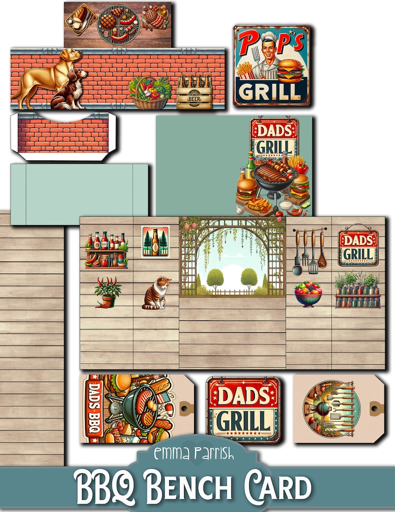K&ouml;nnte beinhalten: Ein bedruckbarer Bastelbogen mit BBQ-Motiven, darunter Schilder mit der Aufschrift Pop's Grill und Dads Grill, Illustrationen von Hunden, einer Katze, einem Gartenbogen, Grillzubeh&ouml;r, Lebensmitteln und Holztexturen f&uuml;r eine Bankkarte.