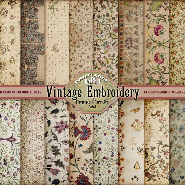 Floral Junk Journal Papers, Printable Vintage Pages, Antique Embroidery Scrapbook Collage sheets, Textile Ephemera Pages