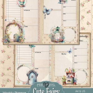 May include: A printable weekly planner with a cute fairy theme. The planner features a light blue and white color scheme with illustrations of fairies, butterflies, and flowers. The planner includes sections for to-do lists, goals, meals, self-care, and notes.