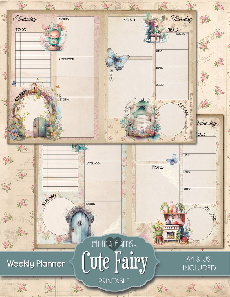 May include: A printable weekly planner with a cute fairy theme. The planner features a light blue and white color scheme with illustrations of fairies, butterflies, and flowers. The planner includes sections for to-do lists, goals, meals, self-care, and notes.