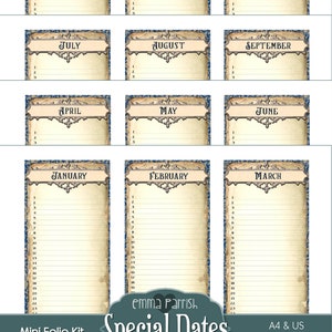 May include: Printable monthly calendar pages with decorative borders and a vintage aesthetic. Each page features a month name and numbered days. The pages are designed for a mini folio kit and include A4 and US sizes.