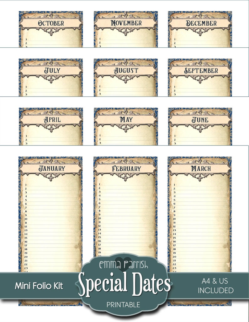 May include: Printable monthly calendar pages with decorative borders and a vintage aesthetic. Each page features a month name and numbered days. The pages are designed for a mini folio kit and include A4 and US sizes.