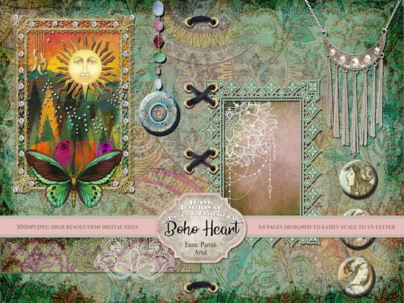 Boho Junk Journal Kit, Bohemian Printable Paper Pack, Vintage