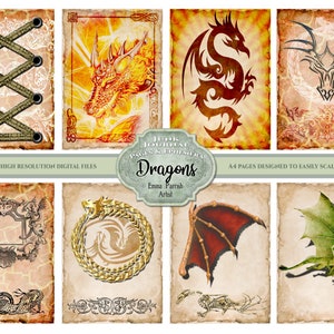 May include: A digital collage sheet with 10 images of dragons, wings, and other dragon-themed designs. The images are on a parchment-like background with a distressed look. The text "Journal Pages & Ephemera Dragons" is in a circle at the bottom of the sheet.