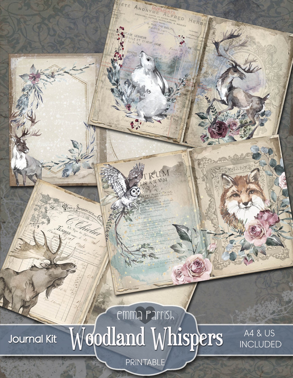 Woodland Animals Printable Junk Journal Kit, Winter Printable Ephemera ...