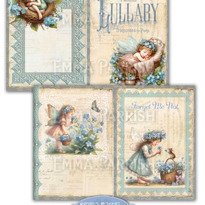 May include: Four digital collage sheets featuring fairies with forget-me-not flowers. The sheets have a vintage aesthetic with text that reads "Lullaby", "Lullaby Transcribed for Piano", "Forget Me Not", and "Emma Parrish Forget Me Not Fairies".