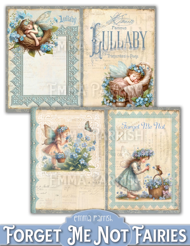 May include: Four digital collage sheets featuring fairies with forget-me-not flowers. The sheets have a vintage aesthetic with text that reads "Lullaby", "Lullaby Transcribed for Piano", "Forget Me Not", and "Emma Parrish Forget Me Not Fairies".