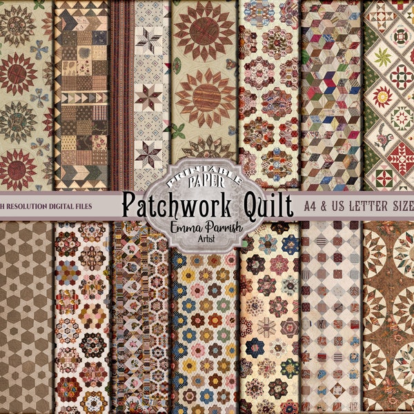 Patchwork Junk Journal Papers, vintage Printable Patchwork Paper Pack, Antique Fabric Scrapbook Collage sheets, vintage Ephemera Pages