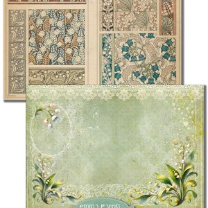 May include: A vintage-style digital paper pack featuring a green background with a white lace border and lily of the valley flowers. The text "emma parrish" and "Lily of the Valley Fairy" are at the bottom of the image.