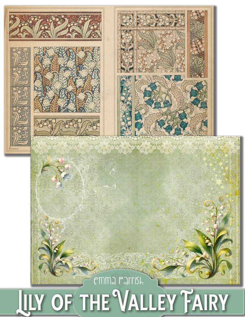 May include: A vintage-style digital paper pack featuring a green background with a white lace border and lily of the valley flowers. The text "emma parrish" and "Lily of the Valley Fairy" are at the bottom of the image.