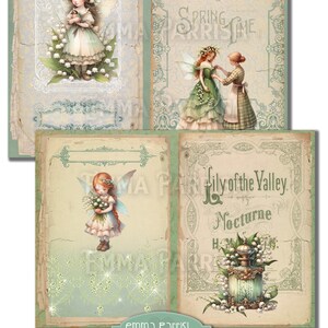 May include: A digital collage featuring four images of fairies with lily of the valley flowers. The images are set against a vintage background with ornate borders and text that reads "Lily of the Valley Nocturne" and "Springtime".