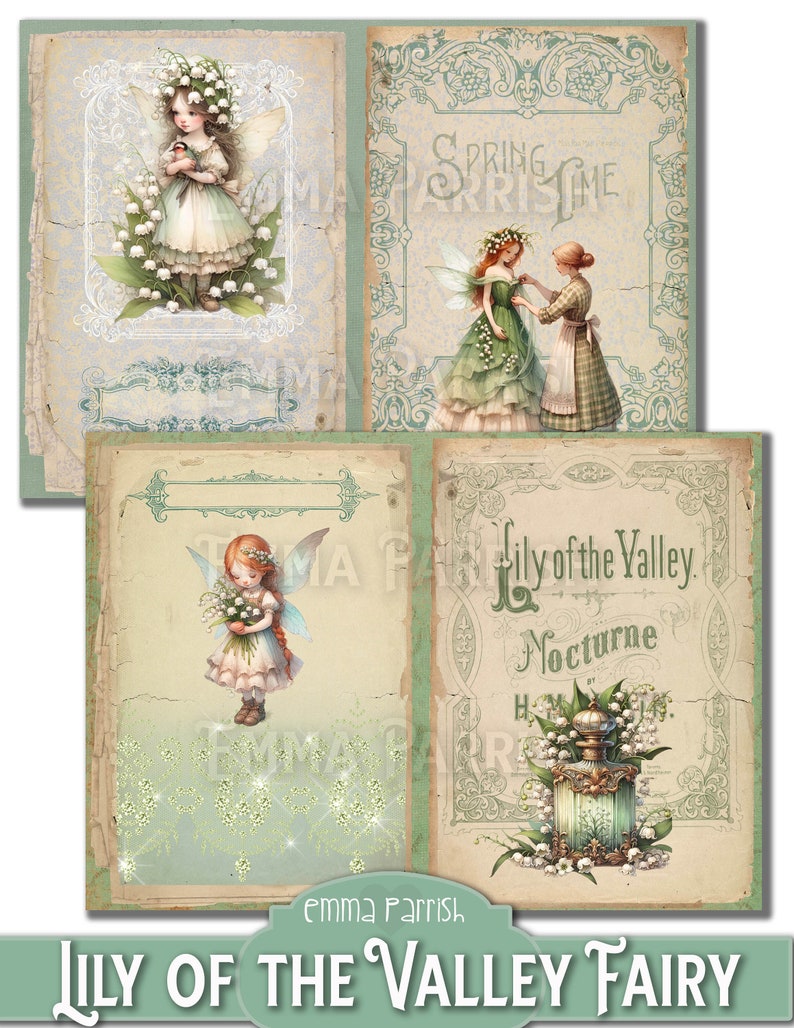 May include: A digital collage featuring four images of fairies with lily of the valley flowers. The images are set against a vintage background with ornate borders and text that reads "Lily of the Valley Nocturne" and "Springtime".