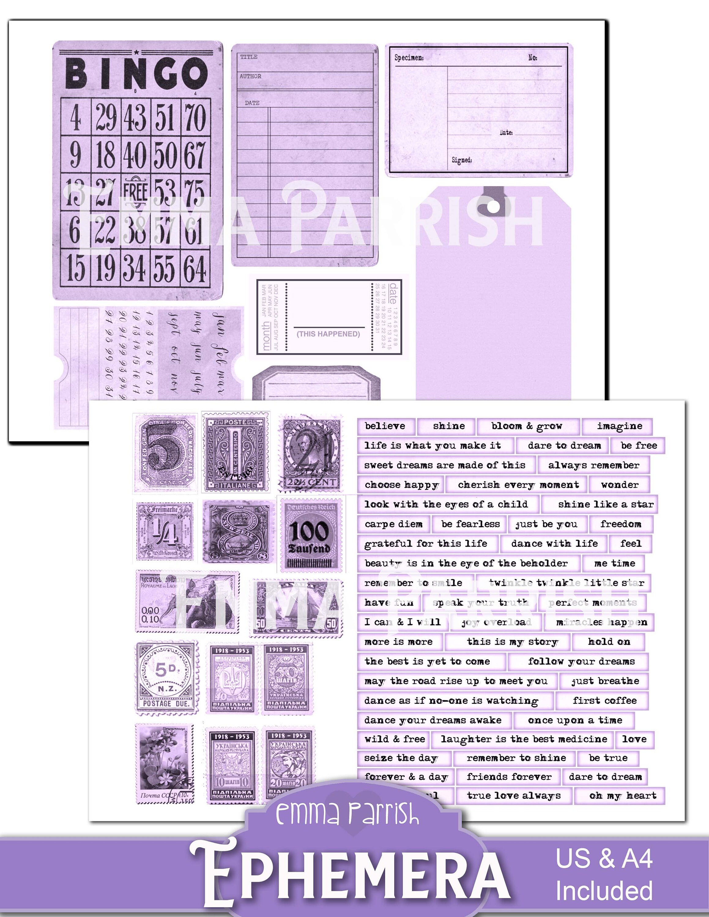 Purple Vintage Printable Ephemera Pack, Lilac, Lavender Junk Journal ...