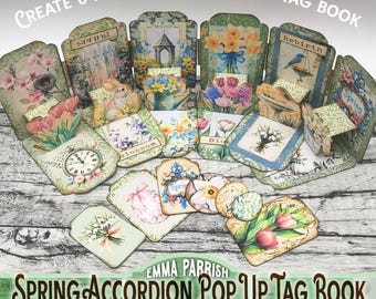 Spring Pop-Up Tag Book Printable Kit, DIY Accordion Journal, Cricut Craft, Junk Journal Ephemera, Scrapbooking, Vintage Tags, Video Tutorial