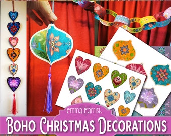 Boho Christmas Decorations, Printable Junk Journal, Folk Art, Paper Chains, Baubles, Hearts, paper Decorations, Ephemera, Bright Colors