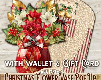 Christmas 3D Pop-Up Flower Vase Card, Poinsettia, Holly, Printable DIY Papercraft Card & Gift, Junk Journal Ephemera, Cricut