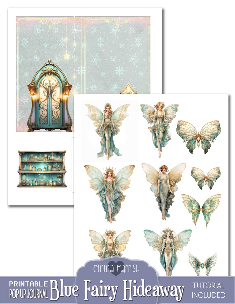 Puede incluir: Kit de diario emergente imprimible con un escondite de hadas azul con una puerta m&aacute;gica, estantes y hadas con alas de mariposa. El kit incluye un tutorial.