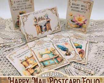 Happy Mail Postcard Folio, Junk Journal, Papercraft, Card Making, Vintage Ephemera, Cricut