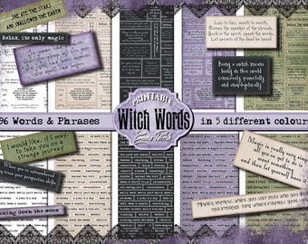Witch Printable Inspirational Words & Phrases, Witchcraft Junk Journal Ephemera Download, Vintage Gothic Stickers, Grimoire, Shadow Book