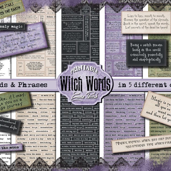 Witch Printable Inspirational Words & Phrases, Witchcraft Junk Journal Ephemera Download, Vintage Gothic Stickers, Grimoire, Shadow Book