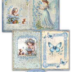 May include: A digital collage sheet featuring four images of fairies and butterflies with a blue and white color scheme. The images are surrounded by ornate frames and floral patterns. The text "Forget Me Not Fairies" is at the bottom of the sheet.
