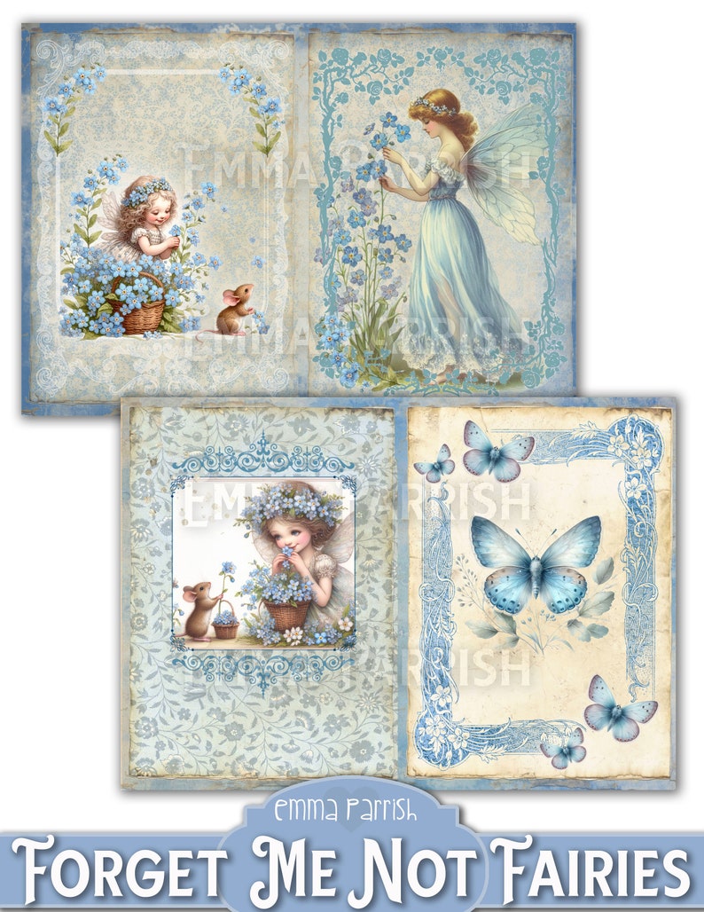 May include: A digital collage sheet featuring four images of fairies and butterflies with a blue and white color scheme. The images are surrounded by ornate frames and floral patterns. The text "Forget Me Not Fairies" is at the bottom of the sheet.