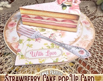 Carte pop-up imprimable Gâteau aux fraises, carte d'anniversaire 3D, téléchargement numérique JPEG, testée avec Cricut, style fait main, insert pour journal créatif