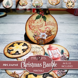 Printable Christmas Decoration Bauble, Junk Journal Insert, Mini Book Download, Ornament, Tags, Favors, Tree Decoration, Circles, Card Gift