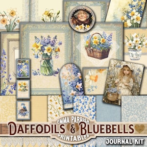 Daffodil & Bluebell Junk Journal Printables Kit, Spring Floral Digital Download, Blue Yellow Pages, Ephemera, Vintage Flowers Scrapbooking
