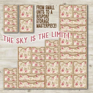 May include: A set of customizable storage drawers with a floral pattern. The drawers are made of wood and have a light brown finish. The text "From small units to a bespoke storage masterpiece! The sky is the limit!" is printed on the image.