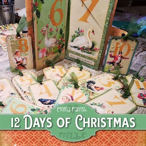 Twaalf dagen kerst Afdrukbare Junk Journal Kit, Slim Journal Folio, kerstkaartjes, kortstondige, vintage, traditionele kerst, cadeau